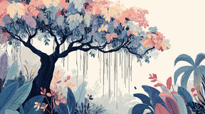 Detailed tropical tree mural wallpaper design pattern with jungle foliage by Kids-Mundo