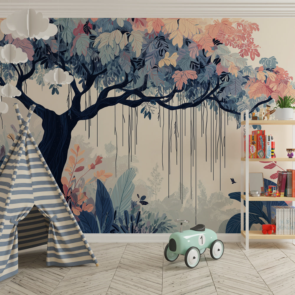 Majestic tree wallpaper with hidden animals creating adventure theme in kids playroom
