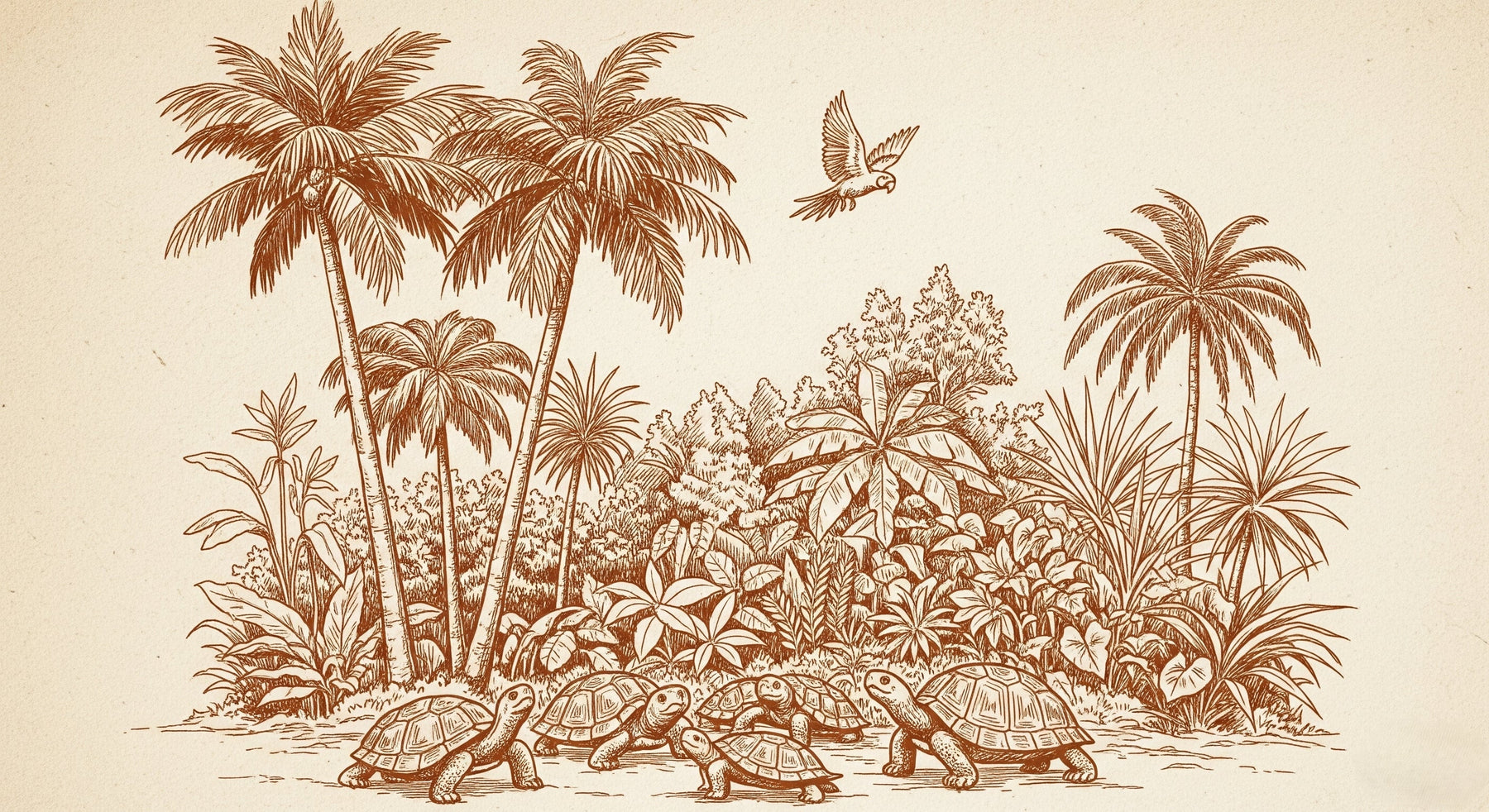 Detailed tropical turtles and jungle plants mural wallpaper design pattern by Kids-Mundo