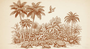 Detailed tropical turtles and jungle plants mural wallpaper design pattern by Kids-Mundo