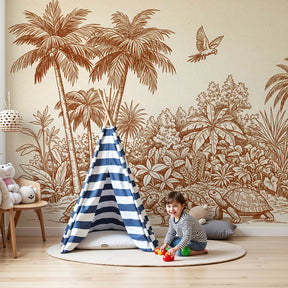 Tropical turtle jungle mural wallpaper in modern nursery with natural wood furniture by Kids-Mundo