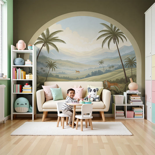 Kids-Mundo tropical valley tiger arch wall mural in a warm, earthy-toned nursery