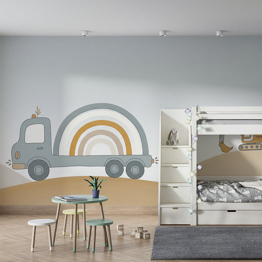 Kids-Mundo rainbow truck wall mural covering a kids bedroom wall beside a wooden bed frame.
