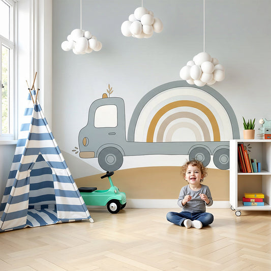 Kids-Mundo grey truck and rainbow wall mural in a soft nursery with a cot and cream curtains.