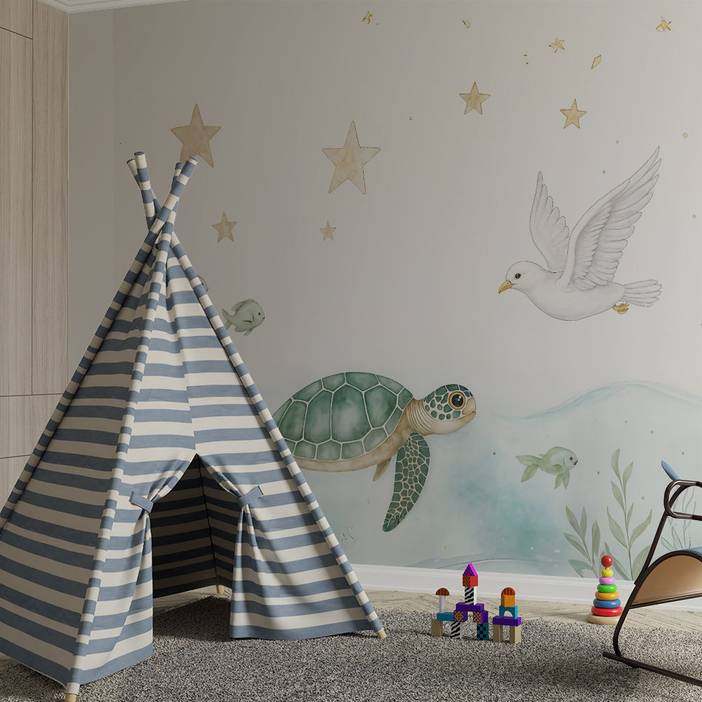 Kids-Mundo watercolour turtle wall mural with dove and gold stars in a calm kids bedroom