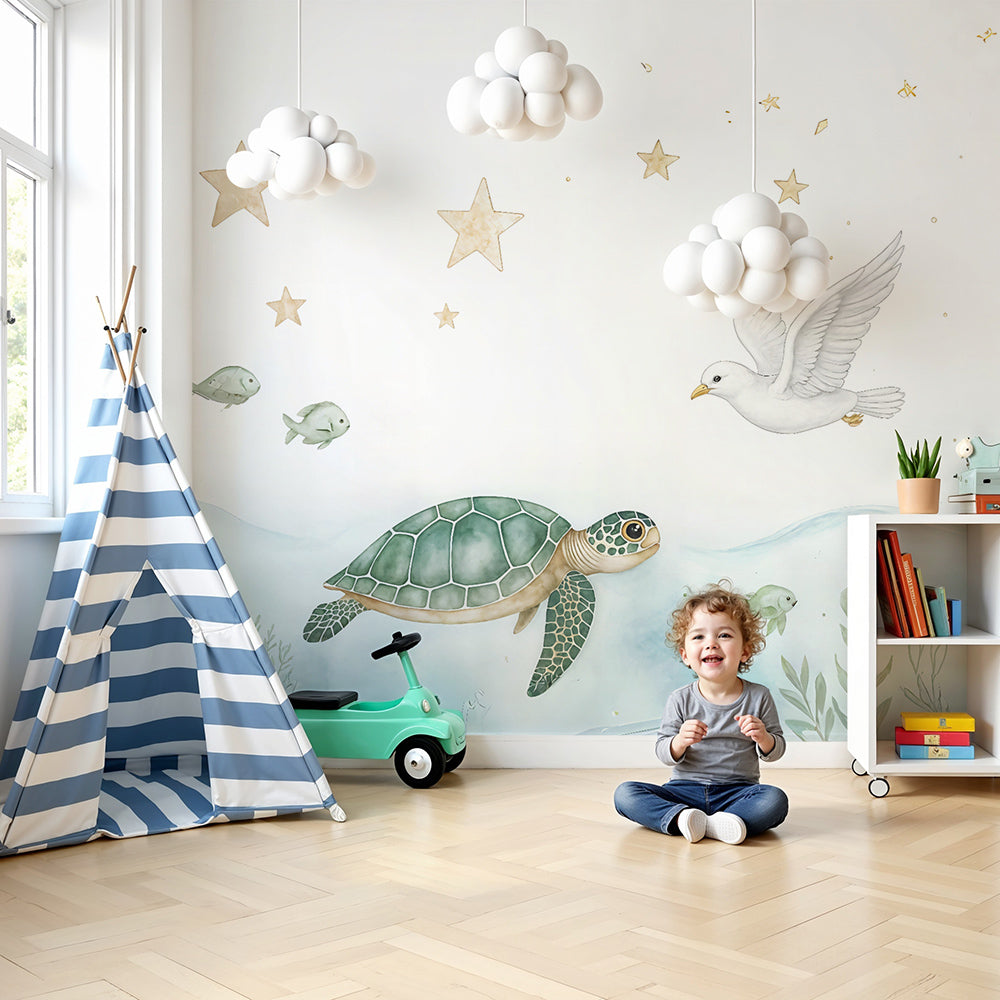 Kids-Mundo turtle and starry sky wall mural in a soft green and blue baby nursery room