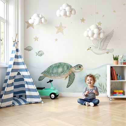 Kids-Mundo turtle and starry sky wall mural in a soft green and blue baby nursery room