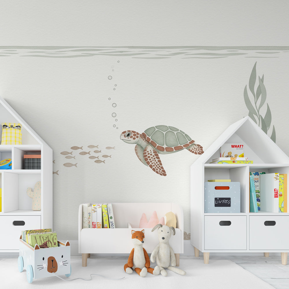 Kids-Mundo minimal turtle wall mural above a cot in a baby's quiet bedroom