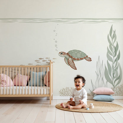 Kids-Mundo sea turtle and fish trail wall mural in a soft cream nursery