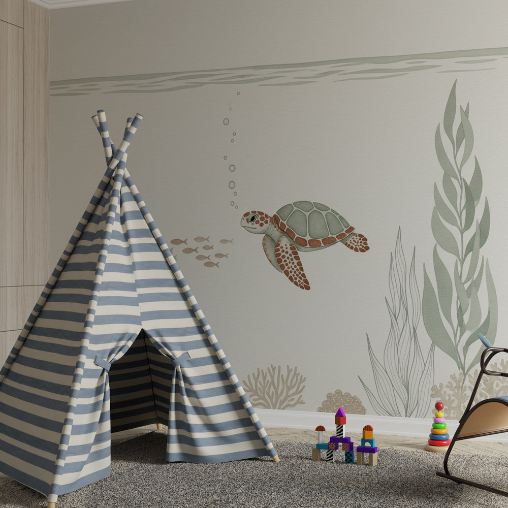 Kids-Mundo sea turtle wall mural bringing calm to a children's playroom