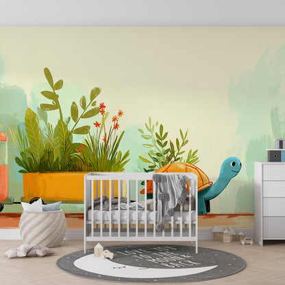 Kids-Mundo turtle and flower wagon wall mural brightening a cosy playroom reading corner.