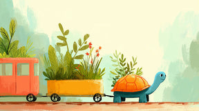 Detailed turtle garden mural wallpaper design pattern showing cheerful turtle with plant wagon by Kids-Mundo