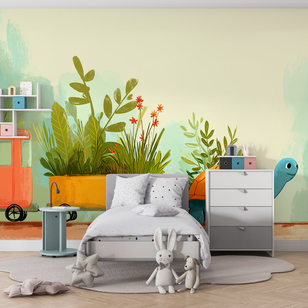 Playful turtle and botanical garden mural wallpaper creating magical children's bedroom atmosphere