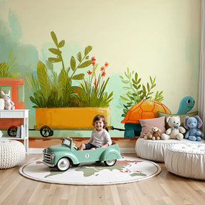 Turtle garden mural wallpaper decorating a bright nursery room with natural wood furniture by Kids-Mundo