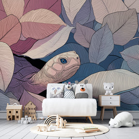 Gentle turtle wallpaper in soft pastels transforming modern kids bedroom interior