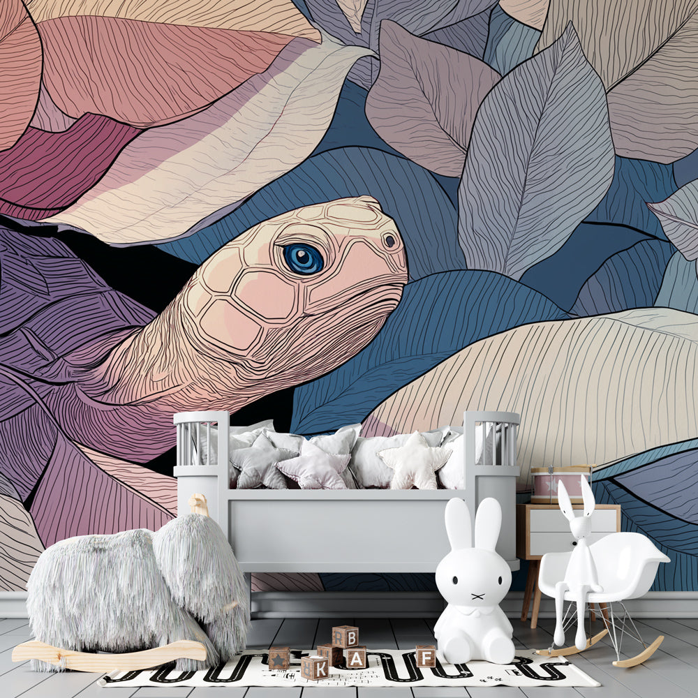Nature-themed turtle mural wallpaper creating calming atmosphere in children's playroom