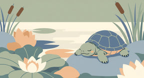 Detailed turtle pond mural wallpaper design pattern with sleeping turtle and water lilies by Kids-Mundo