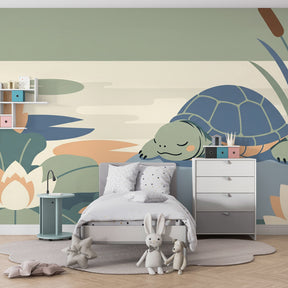 Nature-themed turtle pond wallpaper with soft colors for peaceful toddler room by Kids-Mundo