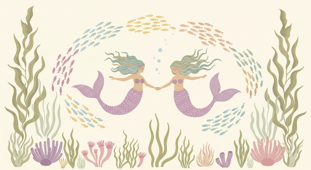 Twin Mermaids and Fish Shoal Wall Mural