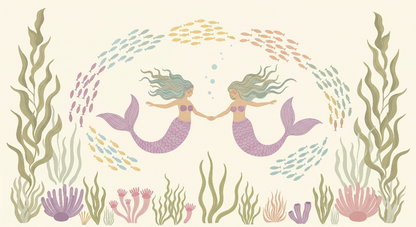 Kids-Mundo flat artwork of twin mermaids holding hands inside a ring of colourful fish