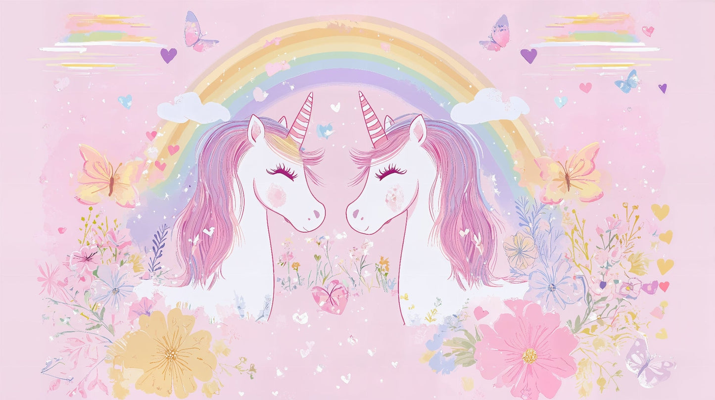 Kids-Mundo flat artwork preview of the twin unicorn and rainbow wall mural design