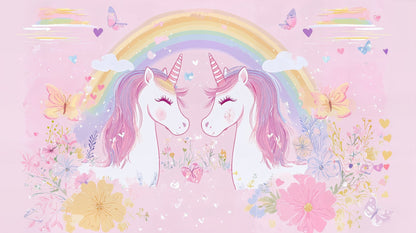 Kids-Mundo flat artwork preview of the twin unicorn and rainbow wall mural design