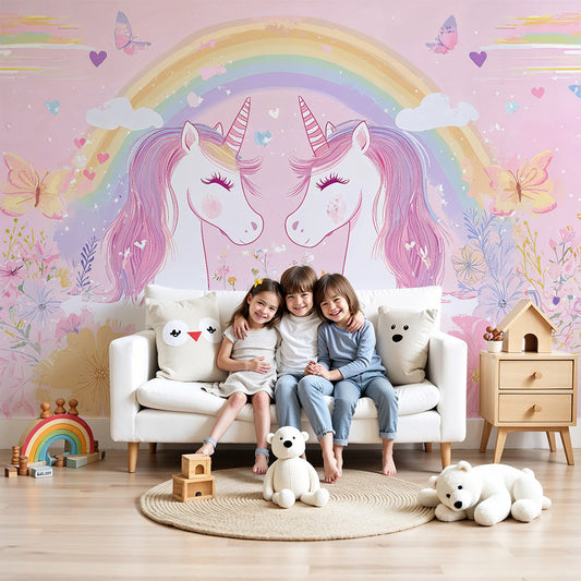 Kids-Mundo twin unicorn rainbow wall mural as soft, pastel nursery wallpaper