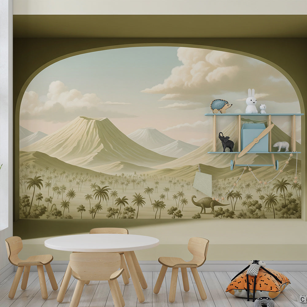 Kids-Mundo twin-volcano dinosaur mural bringing a calm desert view into a playroom