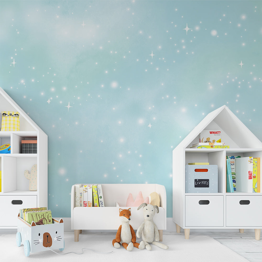 Kids-Mundo twinkling star wall mural behind a bed in a calm kids' bedroom