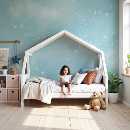 Kids-Mundo celestial star wall mural styled above a cot in a soft, dreamy nursery