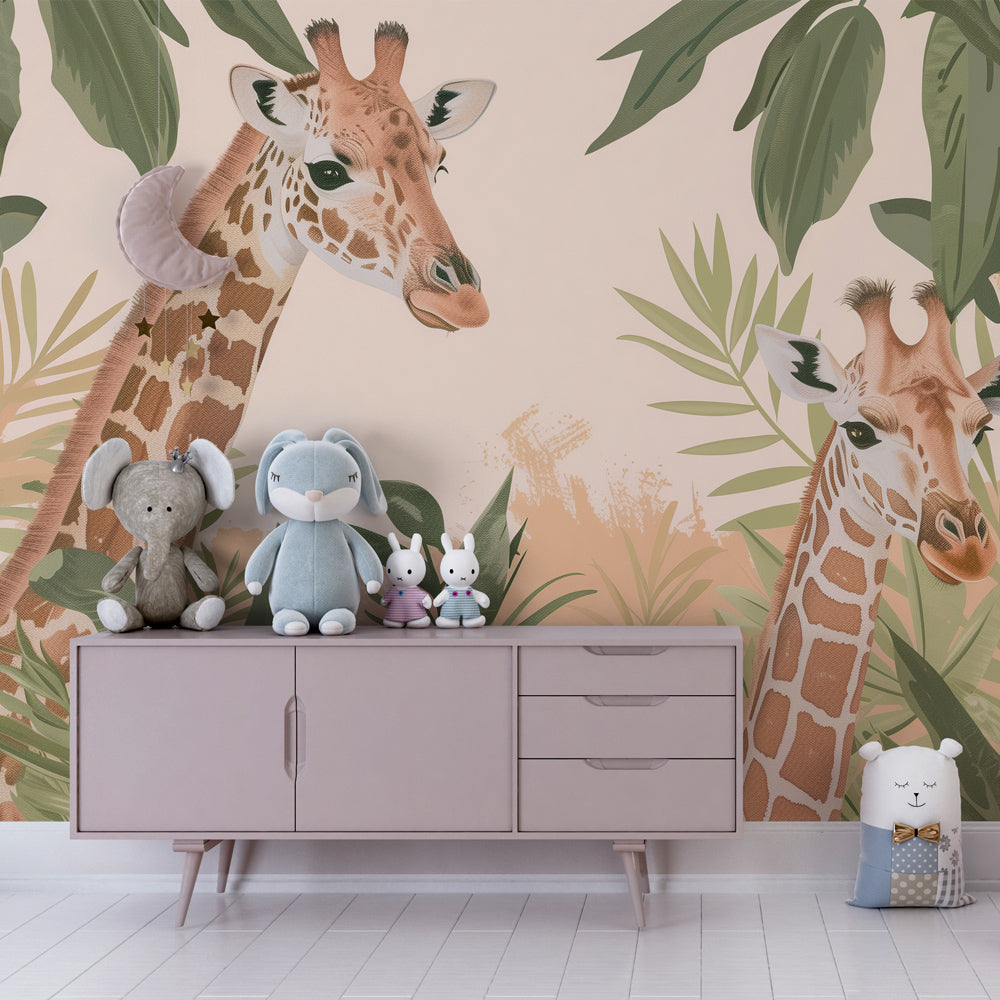 Kids-Mundo tropical giraffe mural brightening a green and blush kids' bedroom wall