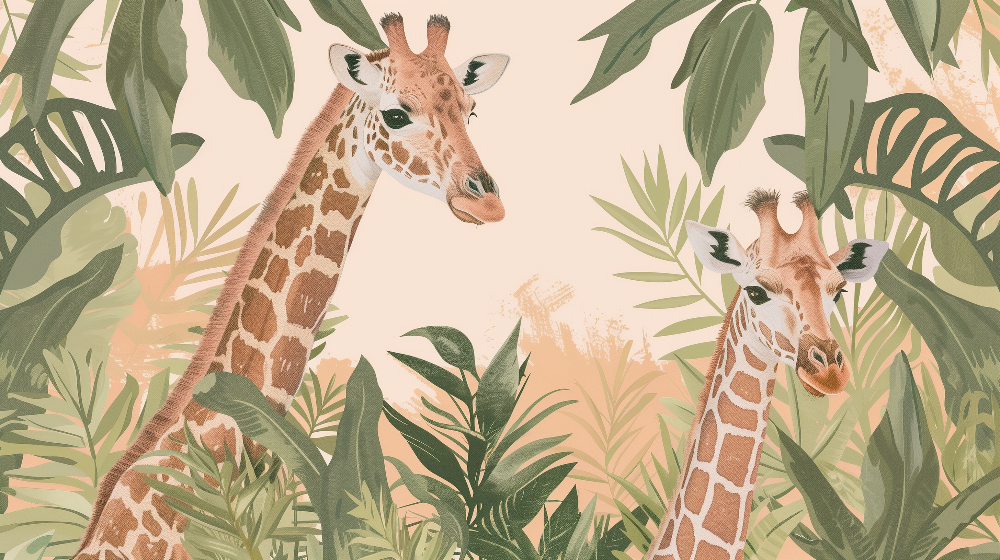 Kids-Mundo illustrated artwork of two giraffes peeking through tropical leaves and vines