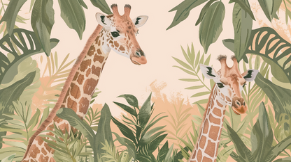Kids-Mundo illustrated artwork of two giraffes peeking through tropical leaves and vines