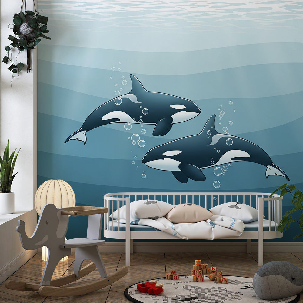 Kids-Mundo two orcas swimming mural covering a feature wall in a child's bedroom
