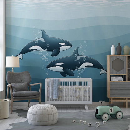 Kids-Mundo two orcas deep blue wall mural bringing a calm underwater scene to a playroom