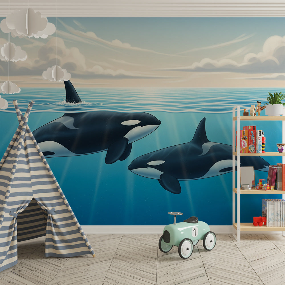 Kids-Mundo two orcas at sea mural covering a feature wall in a child's bedroom