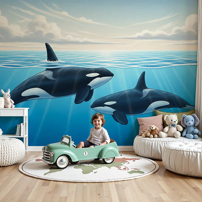 Kids-Mundo orcas ocean surface wall mural styled behind a cot in a bright airy nursery