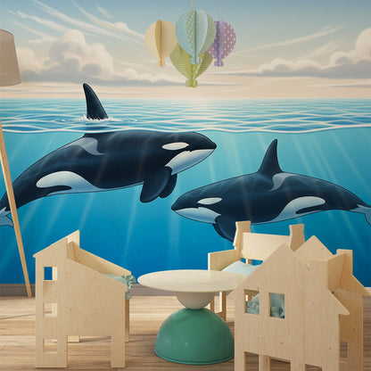 Kids-Mundo orcas ocean surface wall mural bringing a bright coastal scene to a playroom