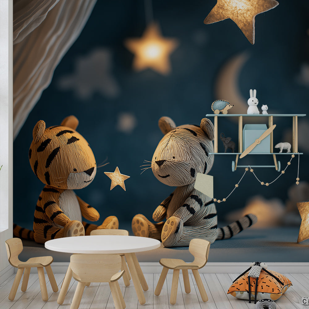 Kids-Mundo two-tiger starry sky wall mural in a cosy child's bedroom setting