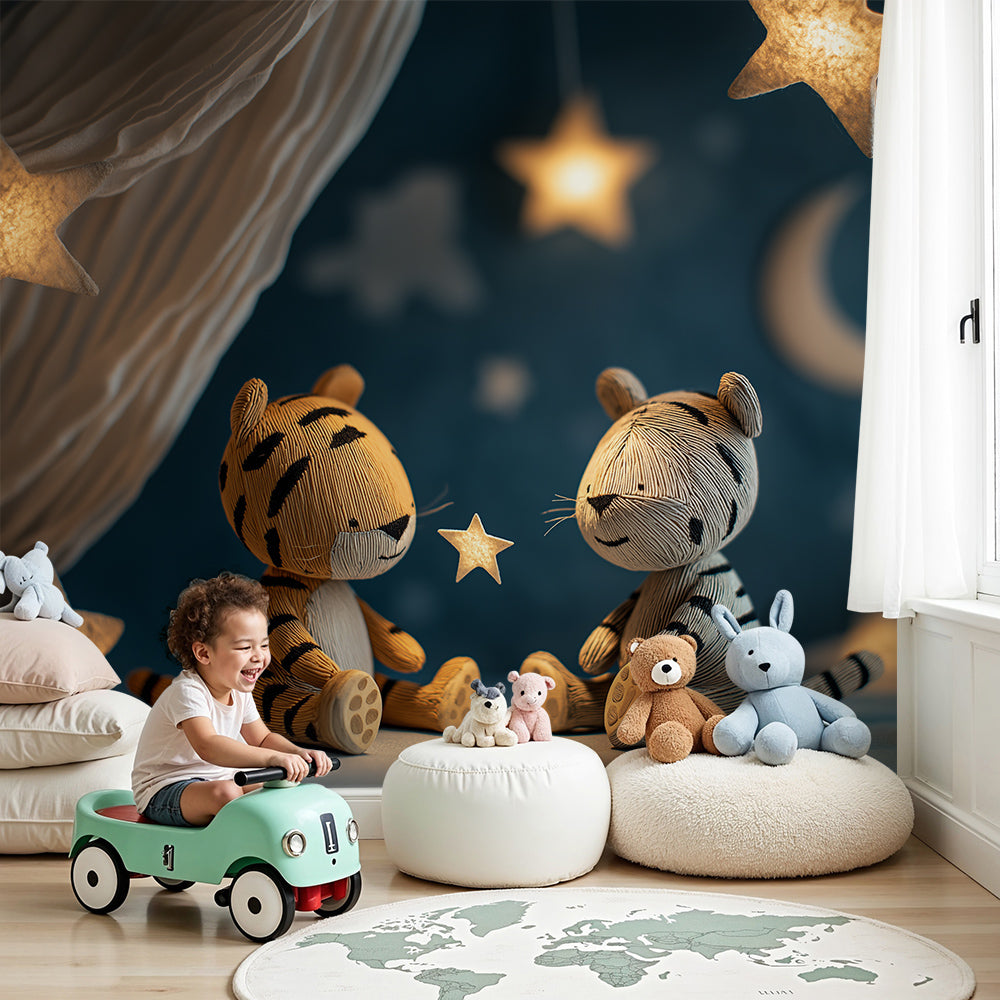 Kids-Mundo starry night tiger wall mural in a soft blue baby nursery with fairy lights