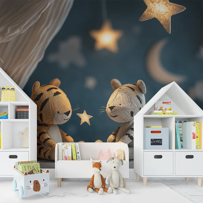 Kids-Mundo starry tiger mural on a playroom wall with glowing star lights