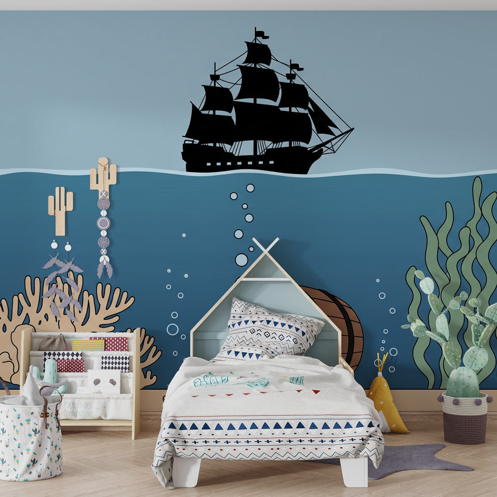 Ocean treasure wallpaper creating magical kids bedroom decor with ship and coral reef