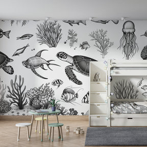 Ocean themed mural wallpaper creating elegant kids bedroom decor with marine motifs