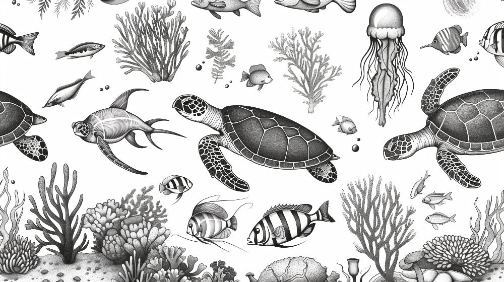 Detailed black and white underwater adventure mural wallpaper design pattern by Kids-Mundo