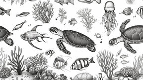 Detailed black and white underwater adventure mural wallpaper design pattern by Kids-Mundo