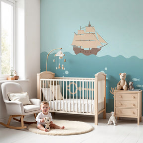 Underwater adventure mural wallpaper with ship and treasures in modern nursery by Kids-Mundo
