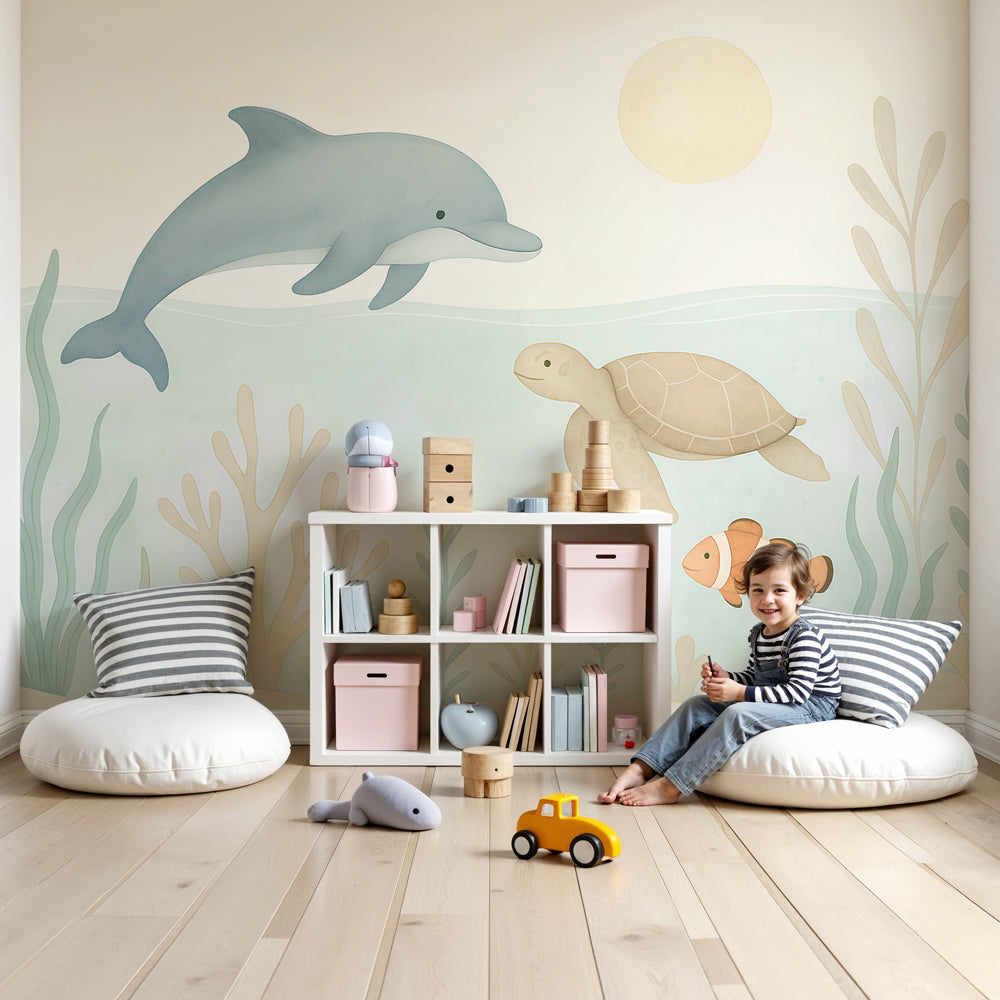 Underwater adventure mural wallpaper with dolphins and sea turtles in modern nursery by Kids-Mundo