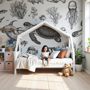Black and white underwater adventure mural wallpaper in modern nursery by Kids-Mundo