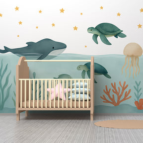 Sea life mural wallpaper featuring colorful coral and marine animals for kids playroom decor