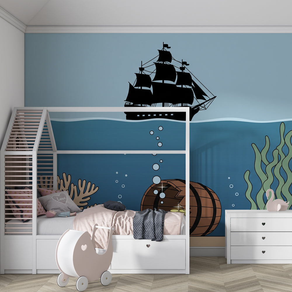Pirate ship mural wallpaper transforming children's playroom into underwater adventure zone
